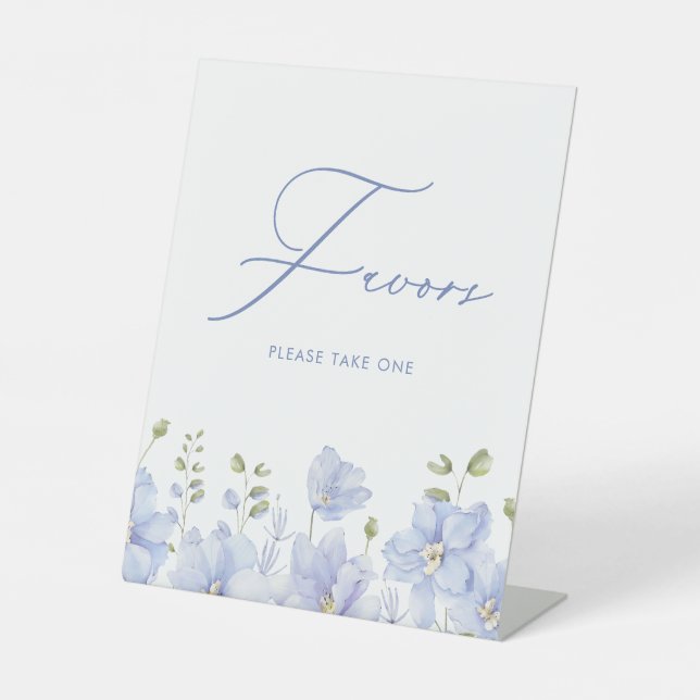 Dusty Blue Floral Favors Bridal Shower Pedestal Sign (Front)
