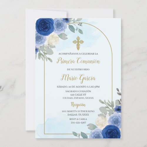 Dusty blue floral first comunion Invitation