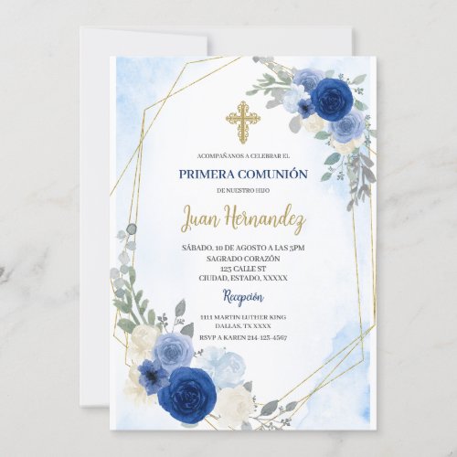 Dusty Blue Floral First Comunion Invitation