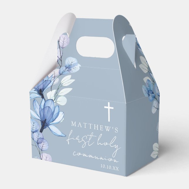 Dusty Blue Floral First Holy Communion Favor Boxes (Front Side)