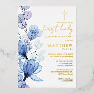 Dusty Blue Floral First Holy Communion Gold Foil Invitation