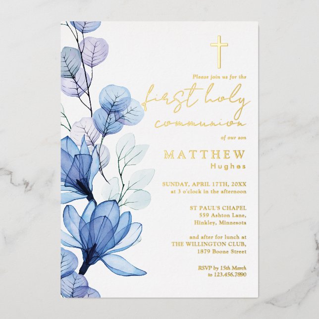 Dusty Blue Floral First Holy Communion Gold Foil Invitation (Front)