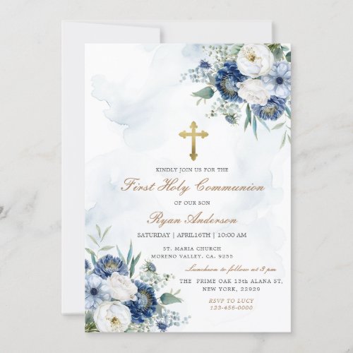 Dusty Blue Floral First Holy Communion  Invitation