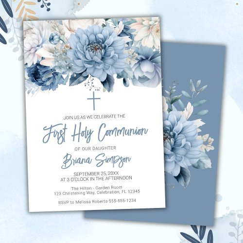 Dusty Blue Floral First Holy Communion Invitation