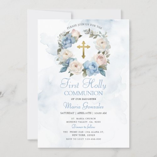 Dusty Blue Floral First Holy Communion Invitation