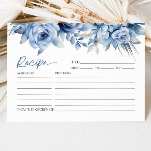 Dusty Blue Floral Flower Bridal Shower Recipe Card