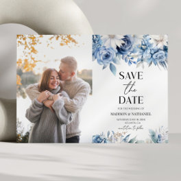 Dusty Blue Floral Flower Custom Picture Wedding Save The Date