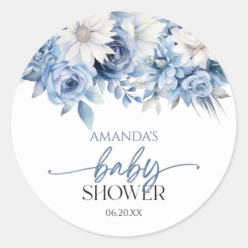 Dusty Blue Floral Flowers Baby Shower Classic Round Sticker