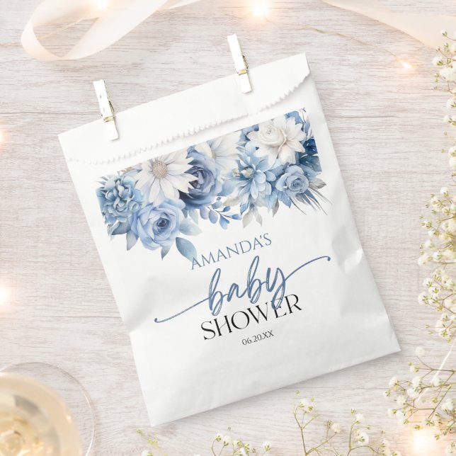 Dusty Blue Floral Flowers Baby Shower Favor Bag (Clipped)
