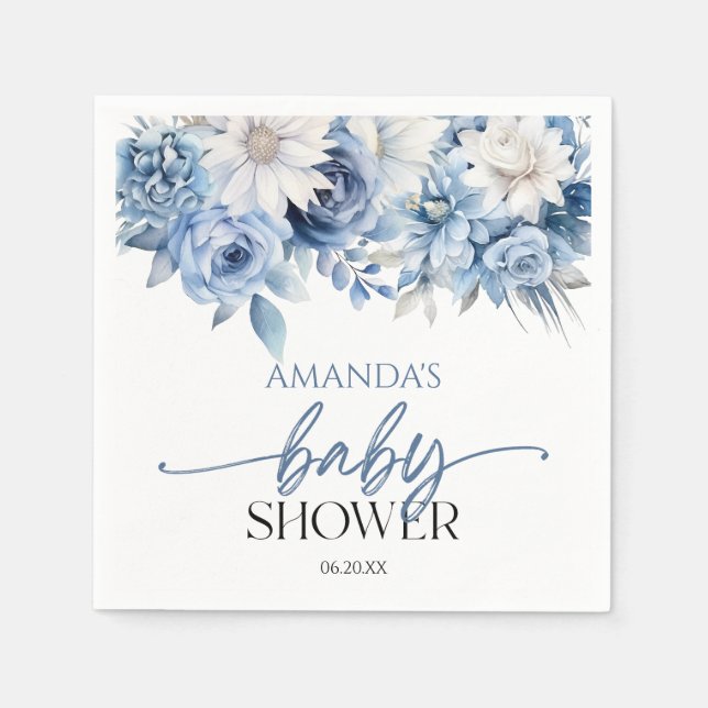 Dusty Blue Floral Flowers Baby Shower Napkins (Front)