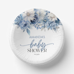 Dusty Blue Floral Flowers Baby Shower Paper Bowls