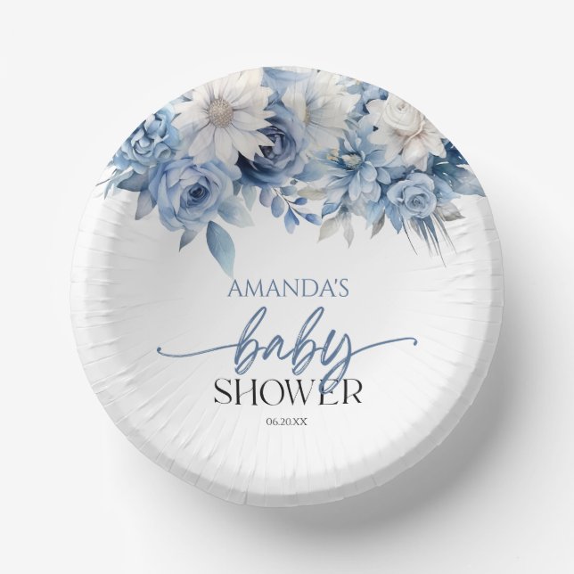 Dusty Blue Floral Flowers Baby Shower Paper Bowls (Front)
