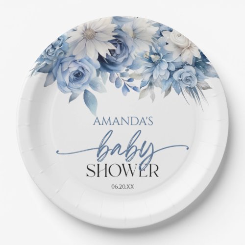 Dusty Blue Floral Flowers Baby Shower Paper Plates