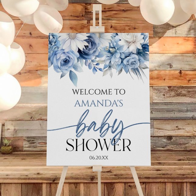 Dusty Blue Floral Flowers Baby Shower Welcome Sign (Creator Uploaded)