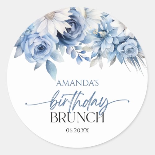 Dusty Blue Floral Flowers Birthday Brunch Party Classic Round Sticker