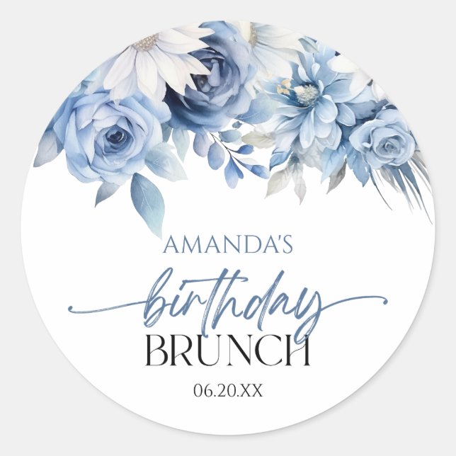Dusty Blue Floral Flowers Birthday Brunch Party Classic Round Sticker (Front)