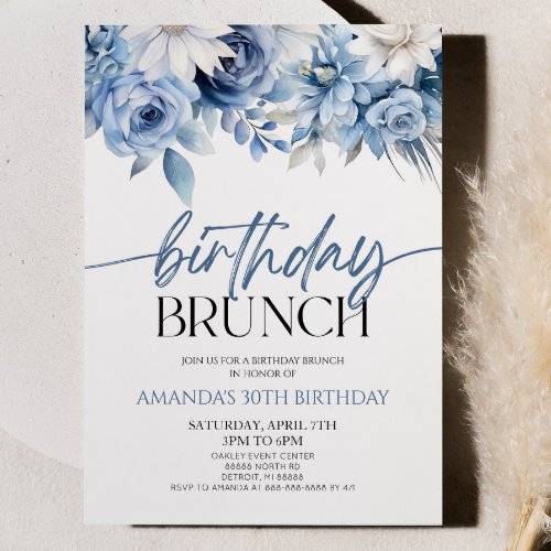 Dusty Blue Floral Flowers Birthday Brunch Party Invitation