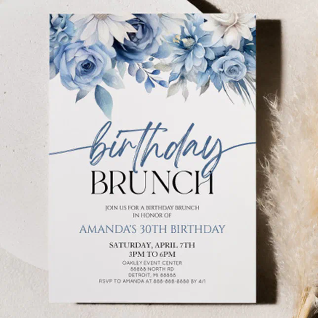 Dusty Blue Floral Flowers Birthday Brunch Party Invitation | Zazzle