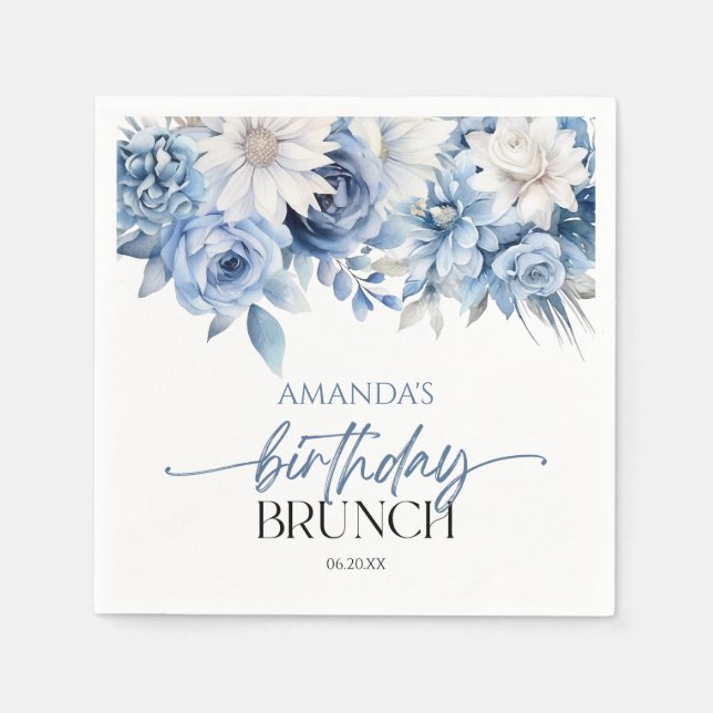 Dusty Blue Floral Flowers Birthday Brunch Party Napkins (Front)