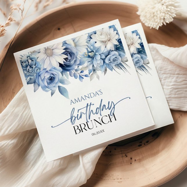 Dusty Blue Floral Flowers Birthday Brunch Party Napkins (Creator Uploaded)