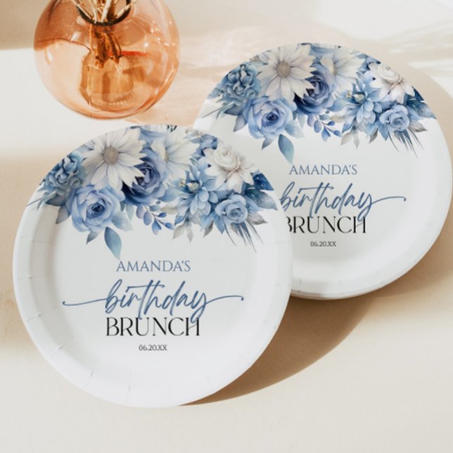Dusty Blue Floral Flowers Birthday Brunch Party Paper Plates (Creator Uploaded)