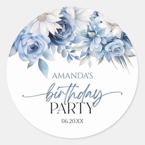 Dusty Blue Floral Flowers Birthday Party Classic Round Sticker