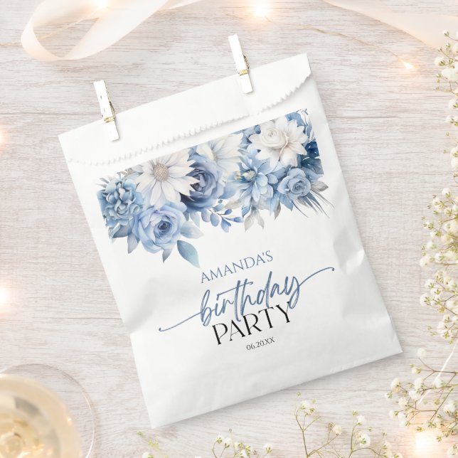 Dusty Blue Floral Flowers Birthday Party Favor Bag (Clipped)