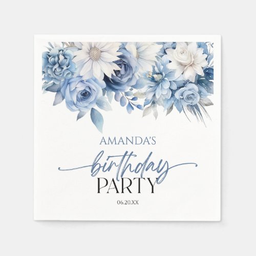 Dusty Blue Floral Flowers Birthday Party Napkins