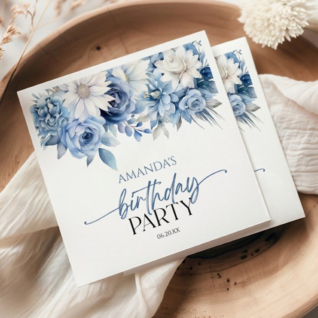 Dusty Blue Floral Flowers Birthday Party Napkins (Creator Uploaded)
