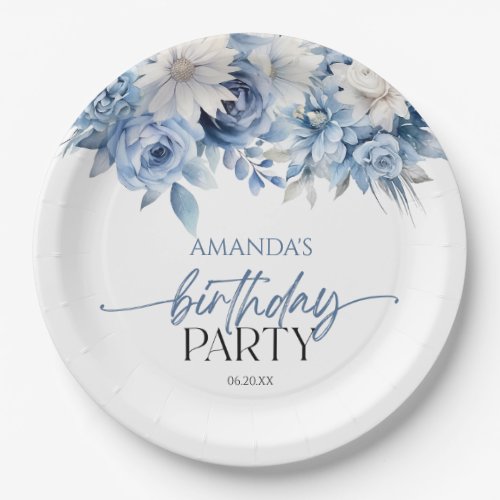 Dusty Blue Floral Flowers Birthday Party Paper Plates