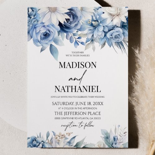 Dusty Blue Floral Flowers Botanical Wedding Invitation