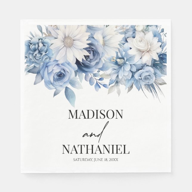 Dusty Blue Floral Flowers Botanical Wedding Napkins (Front)