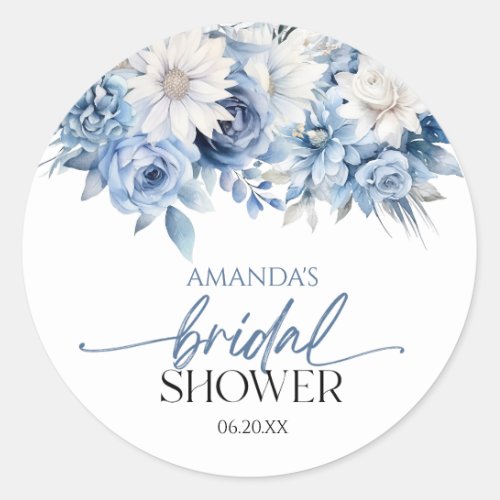 Dusty Blue Floral Flowers Bridal Shower Classic Round Sticker