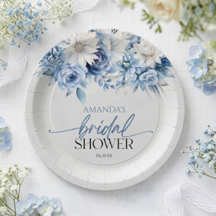 Dusty Blue Floral Flowers Bridal Shower Paper Plates