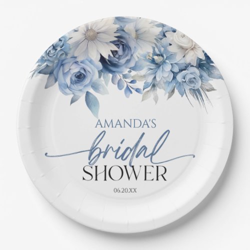 Dusty Blue Floral Flowers Bridal Shower Paper Plates