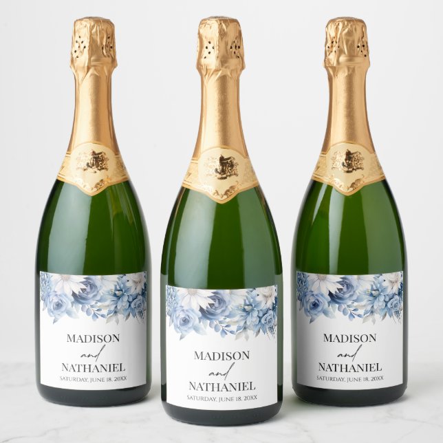 Dusty Blue Floral Flowers Garden Wedding Sparkling Wine Label (Bottles)