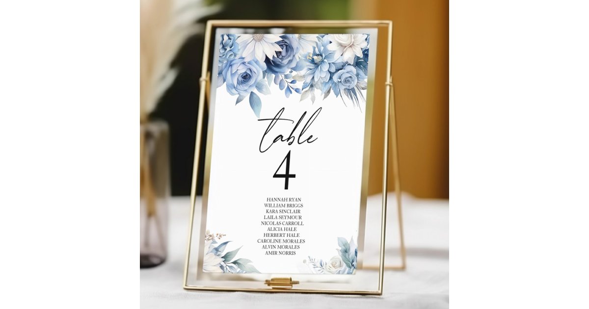 Dusty Blue Floral Flowers Garden Wedding Table Number | Zazzle