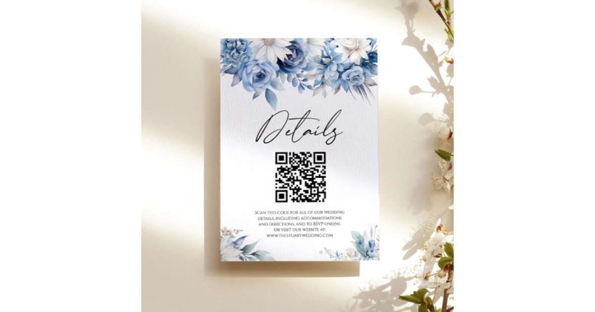 Dusty Blue Floral Flowers QR Code Wedding Details Enclosure Card | Zazzle