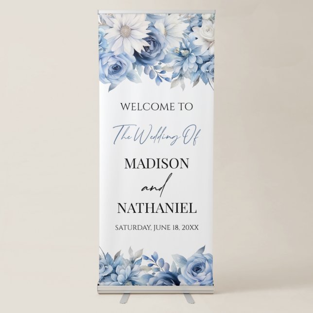 Dusty Blue Floral Flowers Wedding Welcome Retractable Banner (Front)