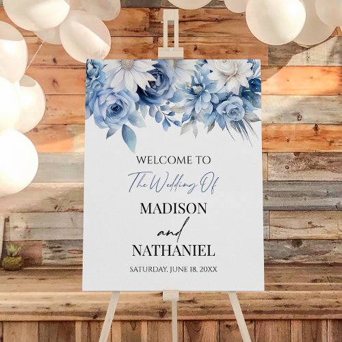 Dusty Blue Floral Flowers Wedding Welcome Sign