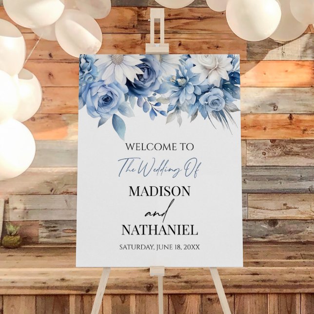Dusty Blue Floral Flowers Wedding Welcome Sign (Creator Uploaded)