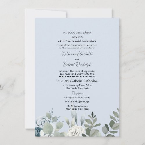 Dusty Blue Floral Formal Both Parents Wedding Invitation