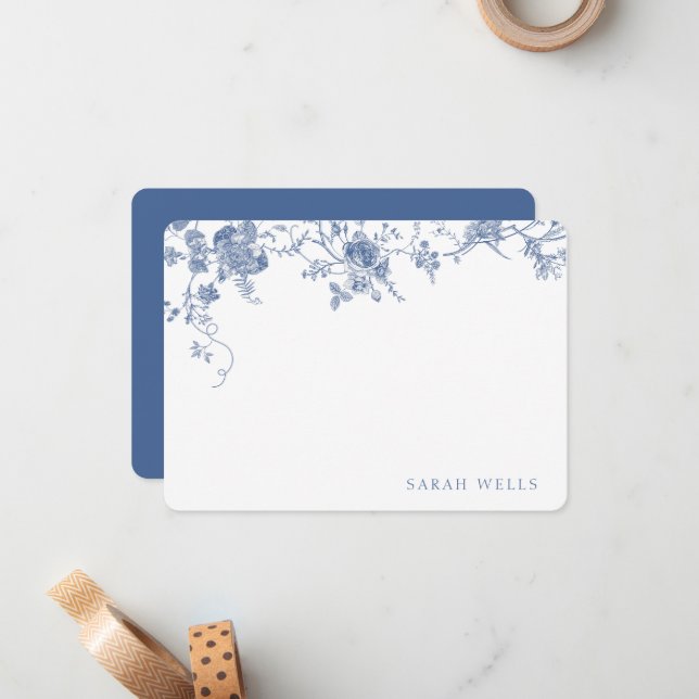 Dusty Blue Floral French Toile Personalized Note Card (Front/Back In Situ)