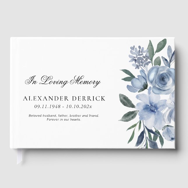 dusty blue floral funeral foil guest book  (Front)