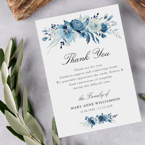 dusty blue floral funeral thank you note