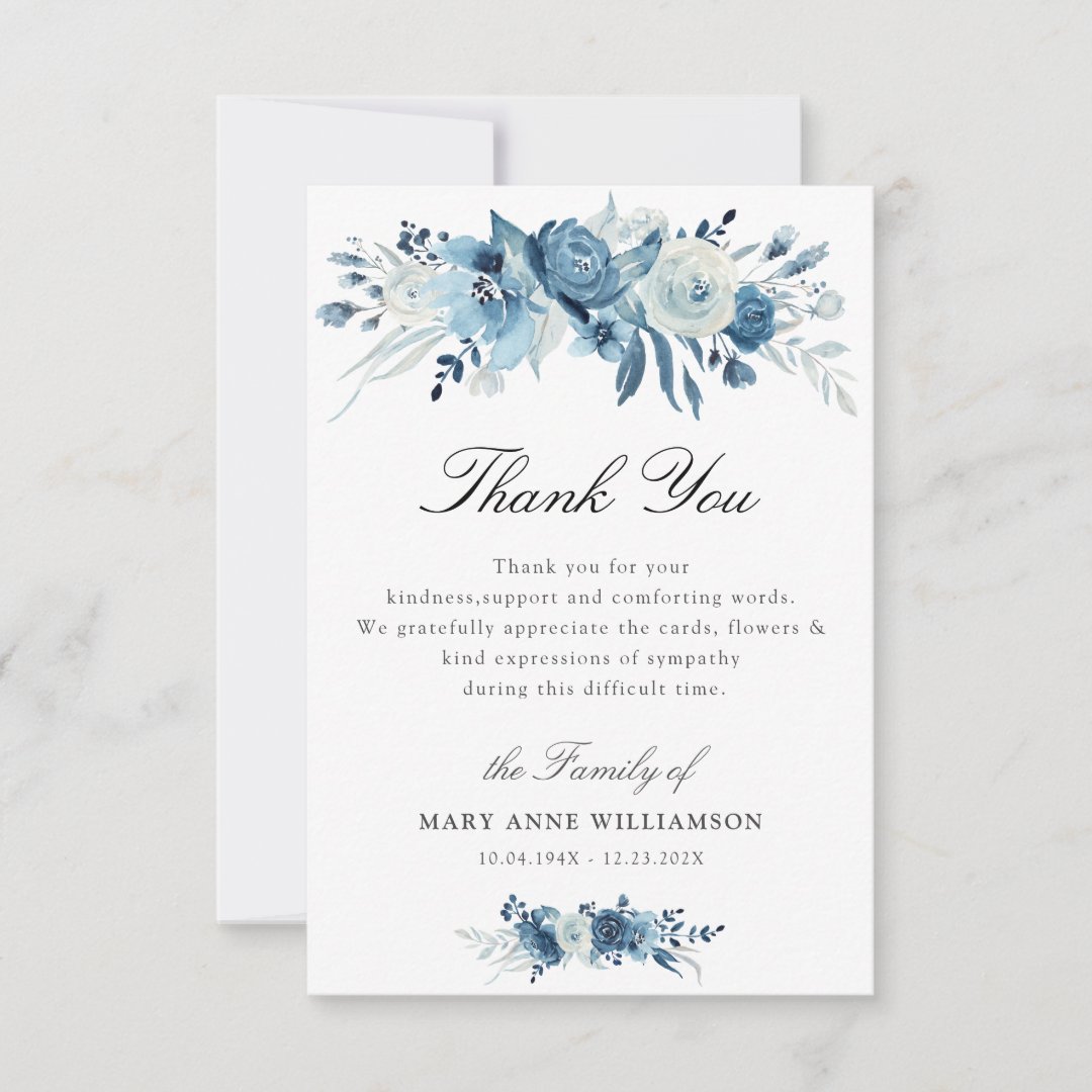 dusty blue floral funeral thank you note | Zazzle