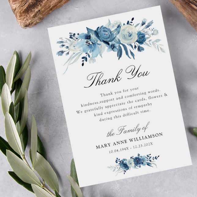 dusty blue floral funeral thank you note card (Creator Uploaded)