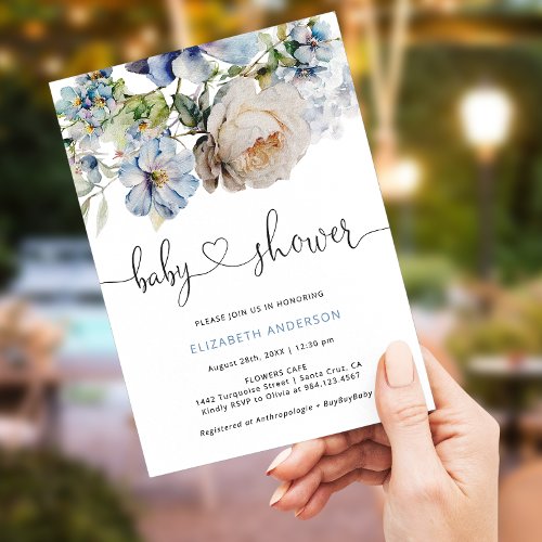 Dusty Blue Floral Garden Baby Shower Invitation