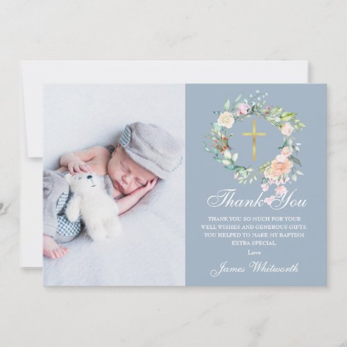 Dusty Blue Floral Garland Baptism Photo  Thank You Card