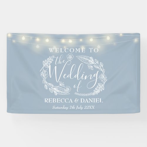 Dusty Blue Floral Garland Script Wedding Banner